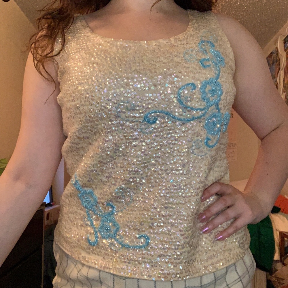 1950s 1960s vintage cream turquoise blue sequin and beaded wool sweater tank top
